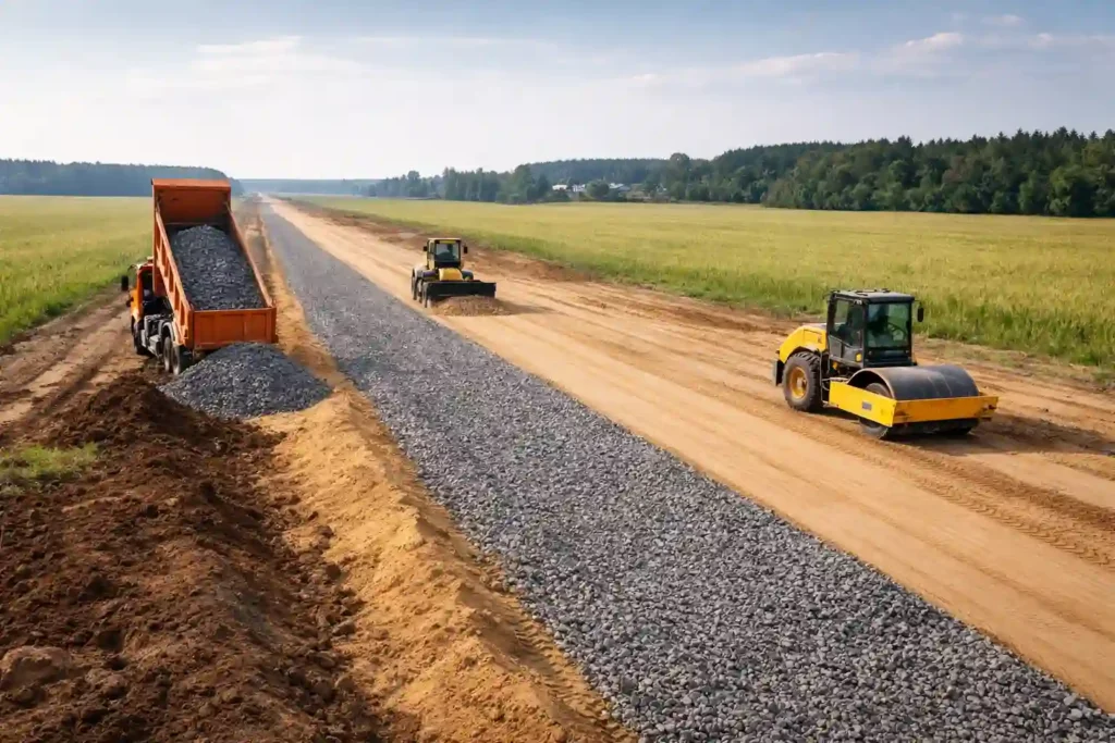 Устройство основания автомобильной дороги из щебня