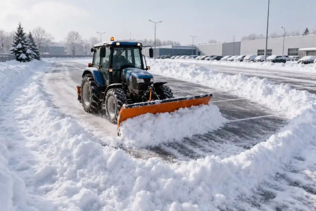 Трактор очищает большую площадку от снега