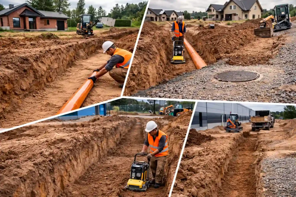 Коллаж объектов, где выполняется устройство наружной канализации в Минске и области