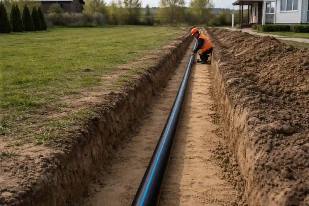 Укладка трубы водоснабжения в траншее на дачном участке