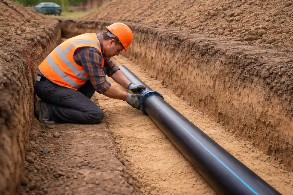 Укладка трубы и сборка соединений при монтаже наружного водопровода