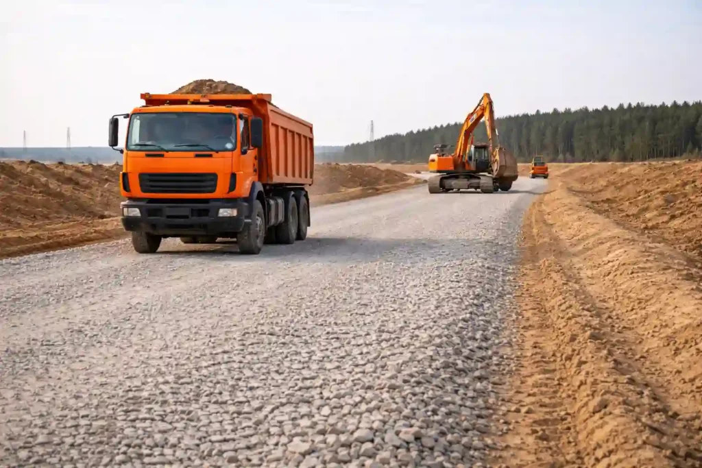 Временная дорога для тяжёлой техники на строительном объекте