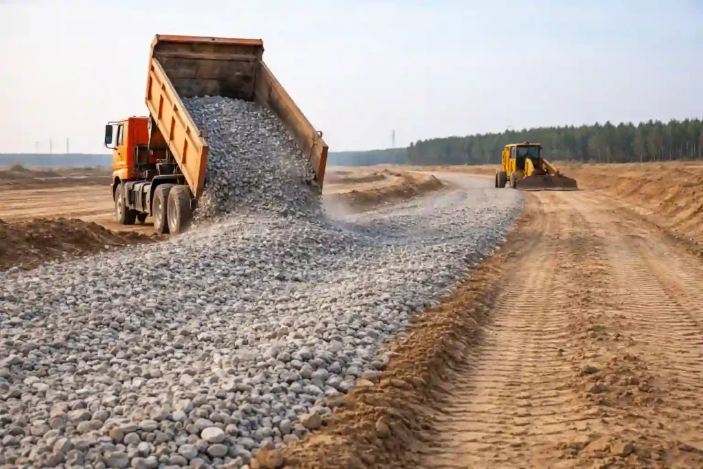 Строительство временных дорог - щебёночное основание на объекте