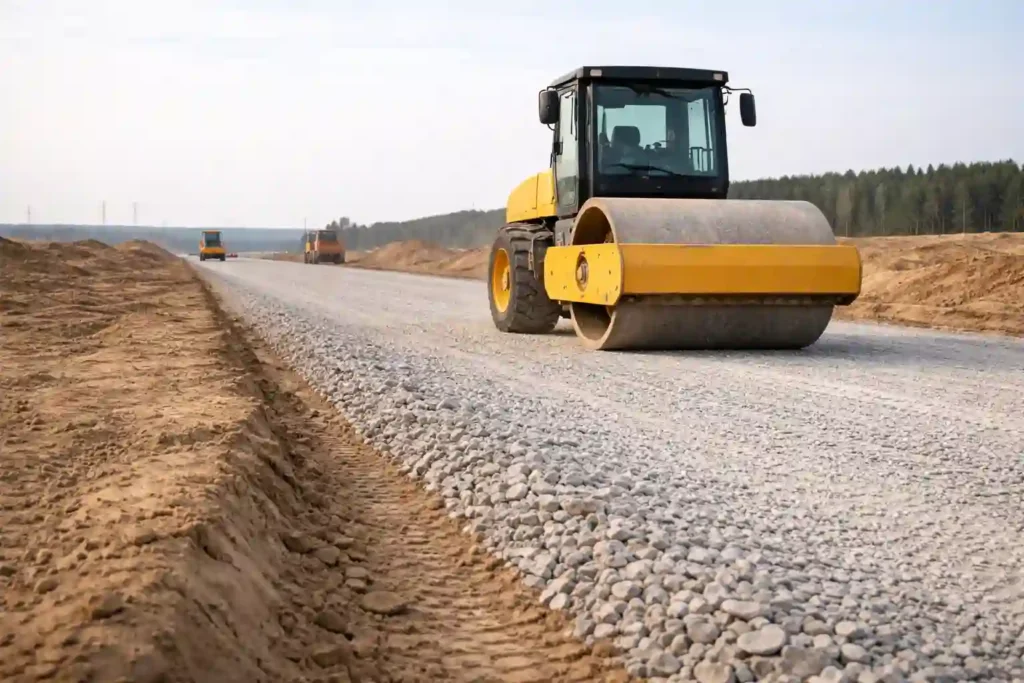 Уплотнение основания временной дороги катком