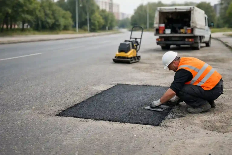 Ямочный ремонт асфальтобетонных покрытий на дороге в Минске