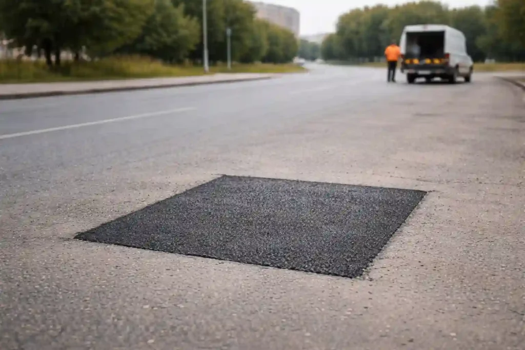 Отремонтированный участок асфальтобетонного покрытия после ямочного ремонта