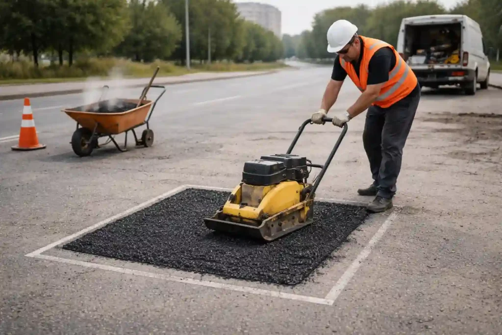 Укладка асфальтобетонной смеси и уплотнение при ямочном ремонте