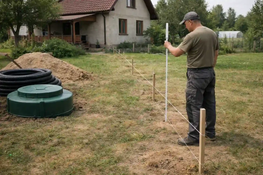 Разметка трассы канализации на дачном участке перед монтажом