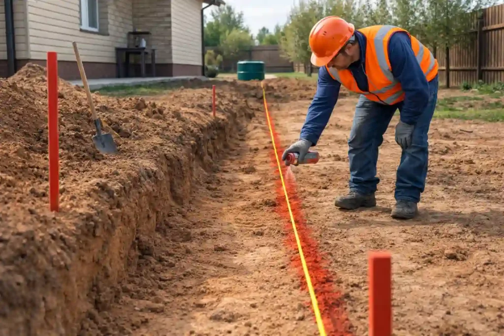 Разметка трассы для прокладки канализации в частном доме