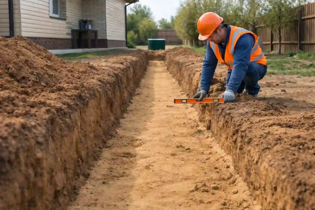Подготовка траншеи для прокладки канализации в частном доме