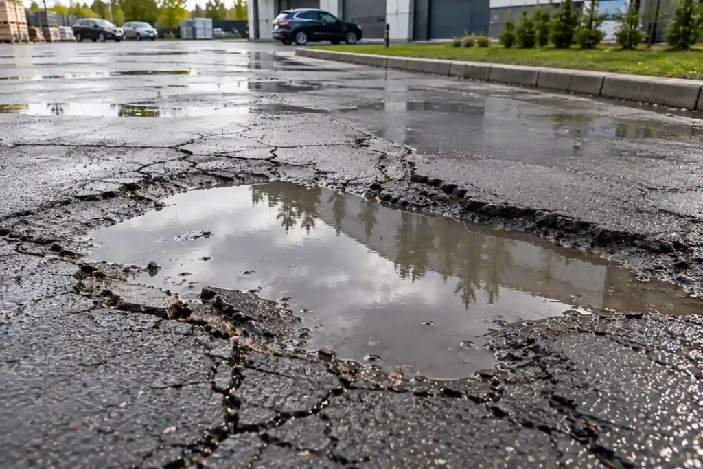 Просадка асфальтового покрытия с трещинами и скоплением дождевой воды в образовавшемся углублении